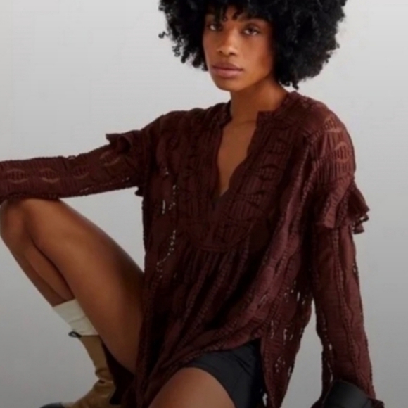 Free People Candy Shop Tunic Brown Lace Blouse Small - Picture 4 of 15